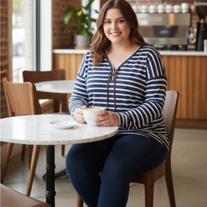 CHAPS River Path Tie Front Navy Striped Long Sleeve Henley NEW